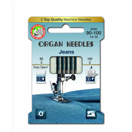 Machine Needles ORGAN JEANS 130 / 705H - ASORT - 5pcs/card (90:3, 100:2pcs)