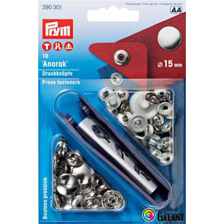 Press fasteners ANORAK 15mm - nickel plated (Prym) - 10pcs/card