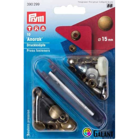 Knoflík stiskací ANORAK 15mm - staromosaz (Prym) - 10ks + nýtovadla/karta