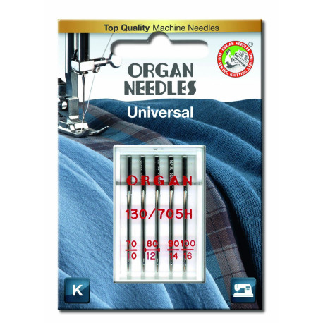 Machine Needles ORGAN UNIVERSAL 130/705 H - ASORT - 5pcs/plastic box/card (70:1, 80:2, 90:1, 100:1pcs)