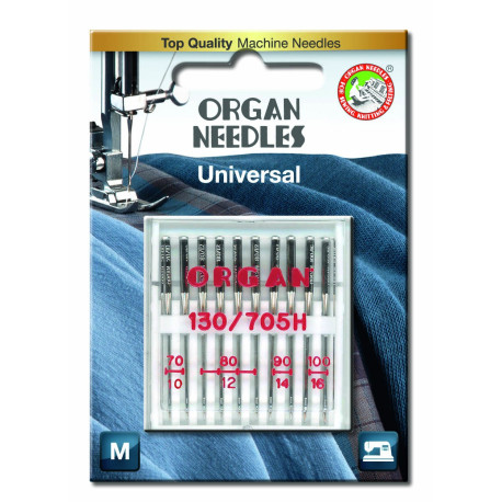 Strojové jehly ORGAN UNIVERSAL 130/705H - ASORT - 10ks/plastová krabička/karta (70:2, 80:4, 90:2, 100:2ks)