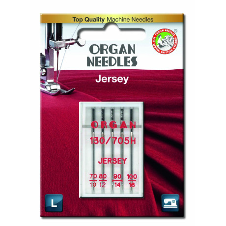 Machine Needles ORGAN JERSEY 130/705H - Assort - 5pcs/plastic box/card (70:1, 80:1, 90:2, 100:1pcs)