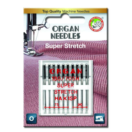 Strojové jehly ORGAN SUPER STRETCH 130/705H - ASORT - 10ks/plastová krabička/karta (75:6, 90:4ks)