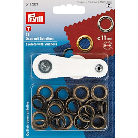 Brass Eyelets with washers 11mm - old brass (Prym) - 15pcs/card