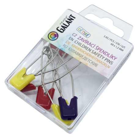 Curved Children Safety Pins Plastic/Metal wire 60x1,20mm Assorted colours - 5pcs/pl.box