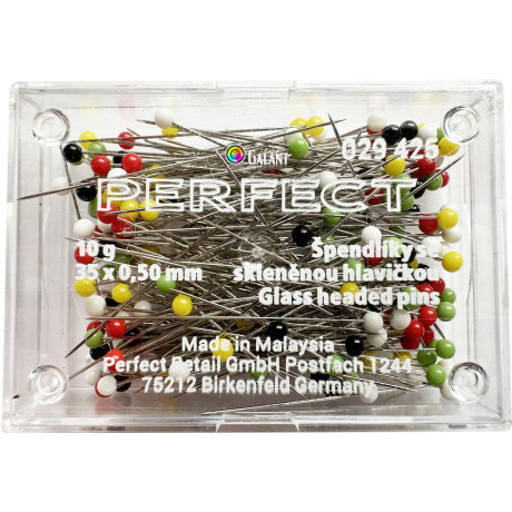 Špendlíky skleněné 35x0,40mm asort barev - 10g/plastová krabička