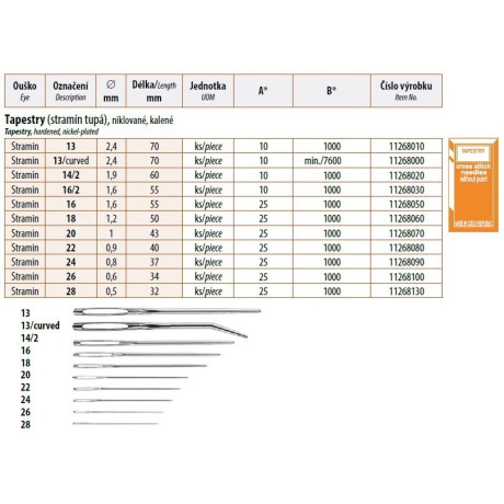 Vyšívací jehly Tapestry - tupé 18 (1,2x50mm) - 25ks/psaníčko, 40psaníček/krabička (1000ks)