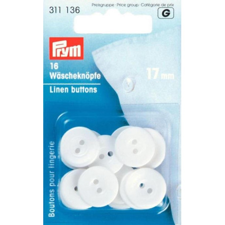 Linen Buttons 17 mm white (Prym) - 16pcs/card