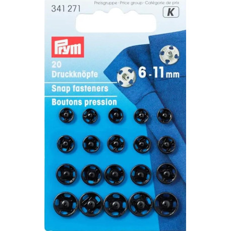 Brass Snap Fasteners - 6-11 mm black (Prym) - 20 pcs/card