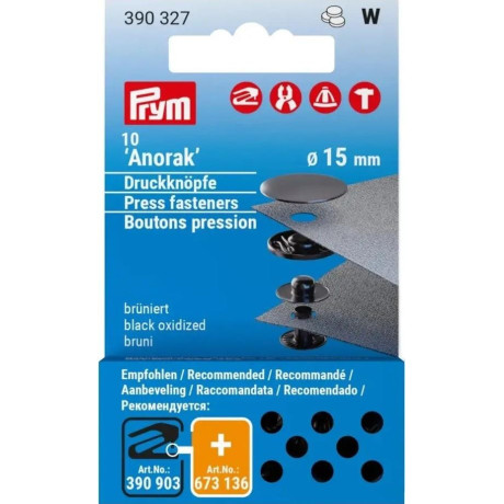 Press fasteners ANORAK 15mm - black oxid (Prym) - 10pcs/card