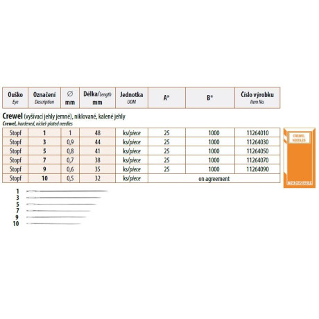 Vyšívací jehly Crewel 3 (0,9x44) - 25ks/psaníčko, 40psaníček/krabička (1000ks)
