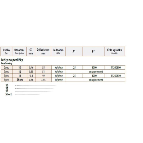 Jehly na perličky 13 (0,40x49) -  25ks/psaníčko, 40psaníček/krabička (1000ks)