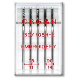 Machine Needles ORGAN EMBROIDERY 130/705H - Assort - 5pcs/plastic box (75:3, 90:2pcs)