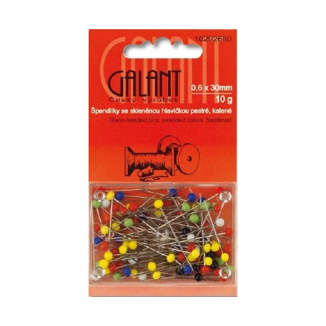 Glass Head Pins 30x0,60mm assort colours - 10g/card