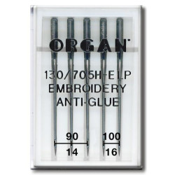 Machine Needles ORGAN EMBROIDERY ANTI-GLUE 130/705H - Assort - 5pcs/plastic box (90:3, 100:2pcs)
