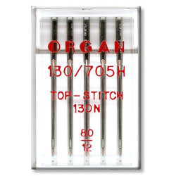 Strojové jehly ORGAN TOP STITCH 130/705H - 80 - 5ks/plastová krabička